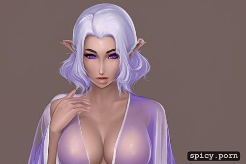 one pretty naked female, pastel colors, silk robe, white hair