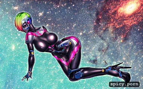 robot woman, rainbow hair, in space, mechanical limbs, metal overknee high heels
