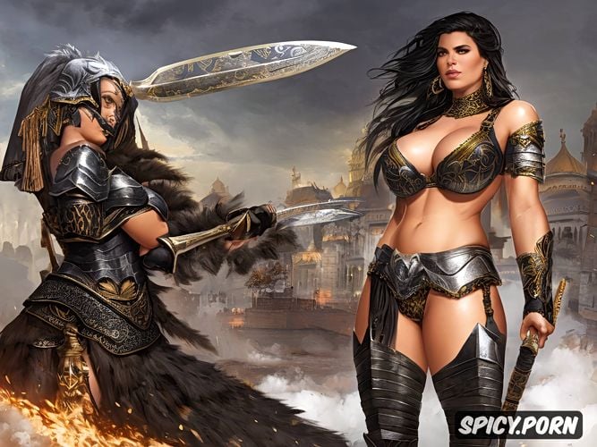 wearing armor, fantasy, big natural tits, female gladiator, pale skin