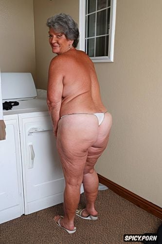 massive round ass, topless, photorealistic, short grey hair