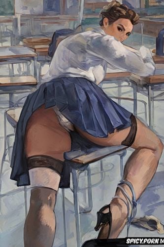 one bent knee, shoe, egon schiele painting, hands on school desk