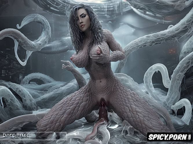 alien, perfect naked woman loves tentacle breeding in her pussy