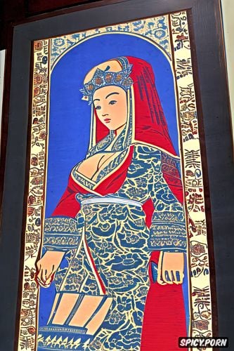 japanese woodblock print, wearing red tunic, brown hair, transluscent veil