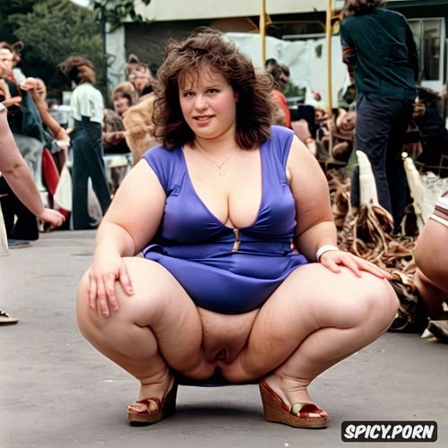 wide hips, busy public square, squatting with legs spread, mini skirt