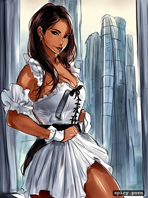 realistic, standing on front of window, 8k, columbian maid, city skyline in back ground