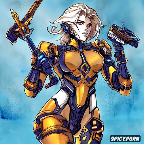 vibrant, female, intricate, yellow and blue colors, strong warrior robot