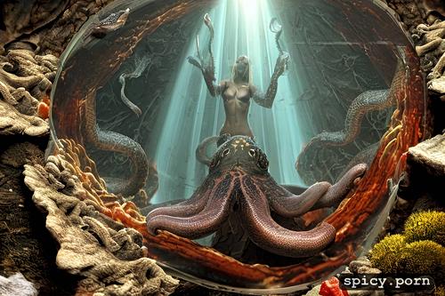 underwater octopus fight with weapons, splayed out legs, crotch wide open