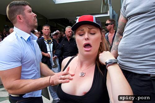 outrageous scandal, focus on woman, poor lucky conservatively dressed pale skinned respectable sexy chav gropped in public by a group of barbaric men