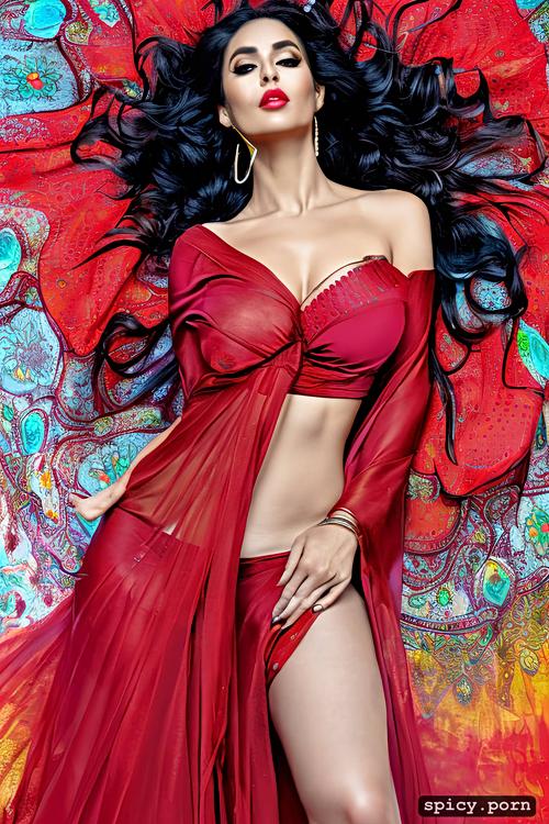 sexy body, high resolution, medium shot, red and yellow saree