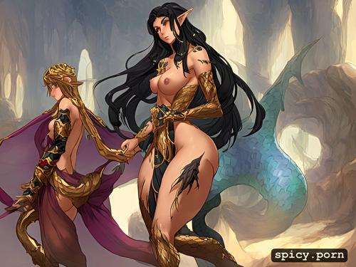 black hair, gold eyes, female elf, nude, vaginally penetrated by male dragon