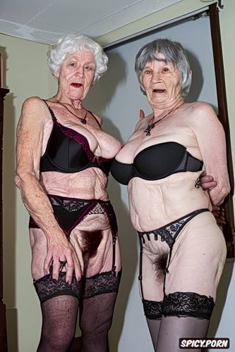 male gropes saggy flat droopy tits of two gothic grannies, long grey hair