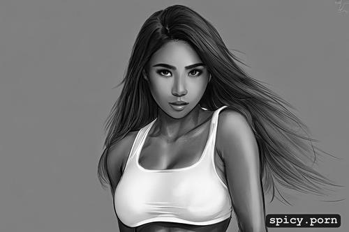 very shy, intricate long hair, detailed face, sketch, white crop top and underboob