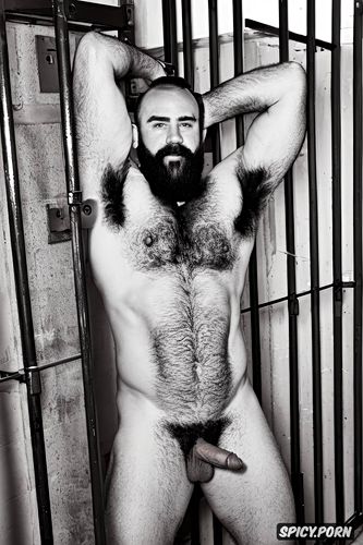 solo very hairy gay muscular old man with a big dick in orange prison clothes and perfect face beard showing hairy armpits in a jail cell chubby body