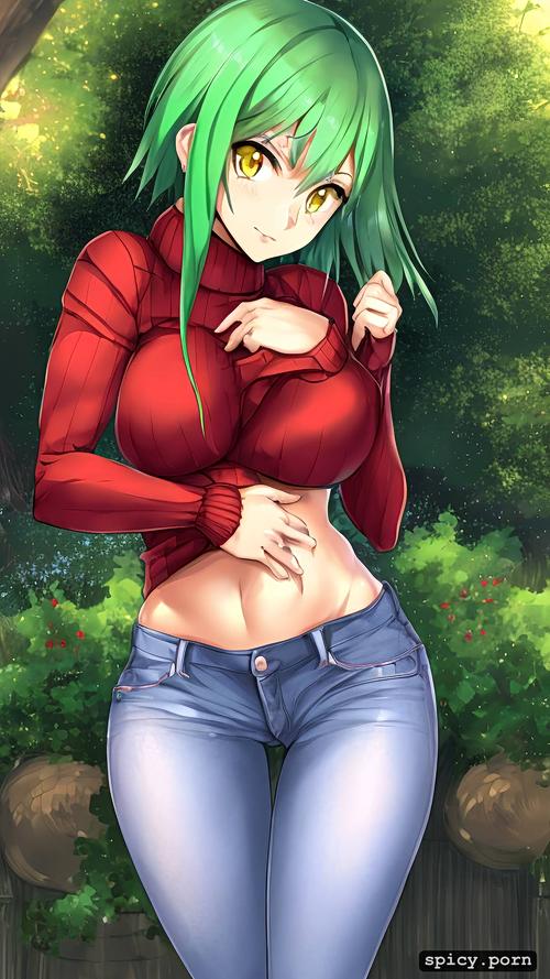 jeans shorts, dressed, red sweater short light green hair, medium breasts