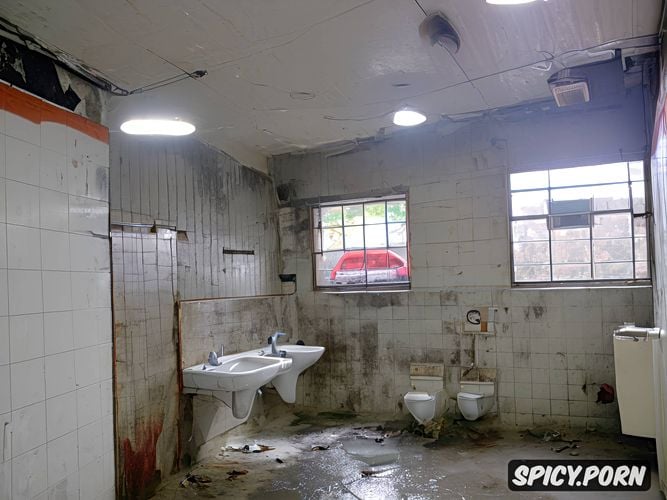 puddles of yellow urine on the floor, cigarette butts and cigarette packs dark dirty ceiling with peeling plaster there are shinning lamps and split ceiling lights on the ceiling on the left are two sinks with a cracked mirror on the right