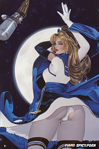 blue miniskirt, sickle moon in background, blue cape, solar space