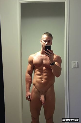 mirror selfie, holding pecs, seductive pose, huge pecs, erect penis