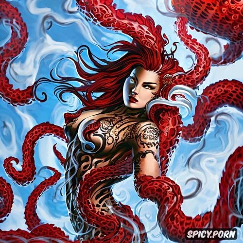 four tentacles coming out of each shoulder, remove arms, tattoo of siren facing forward