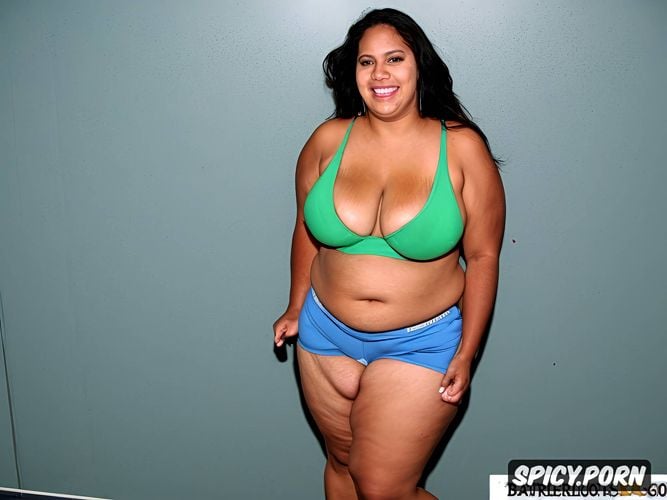 tight running shorts, fat belly, large fat belly, big tits, detailed cute face