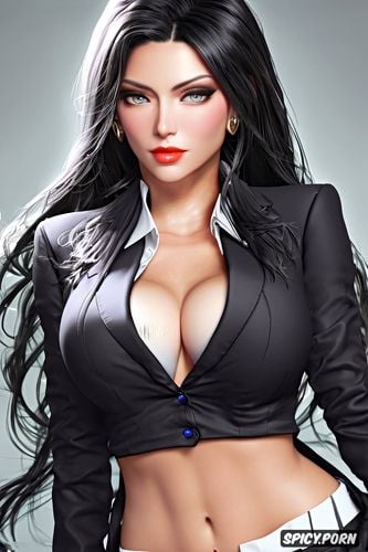 ultra detailed face shot, ultra realistic, kate lockwell starcraft pale skin long soft wavy black hair black blazer white shirt shirt unbuttoned beautiful face milf