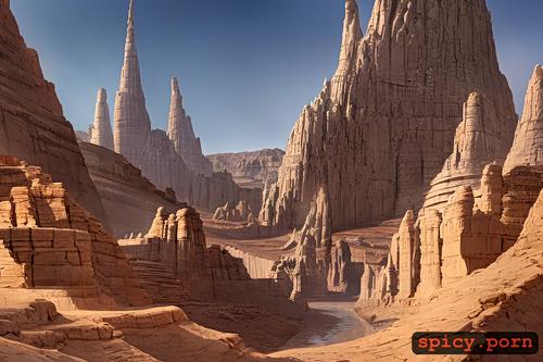 wonderfull buildings, in the mid of desert, pyramids, style dark fantasy v2