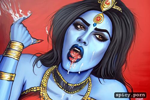indian godess kali, blue skin, red lipstick, horny face, hindu crown on the head