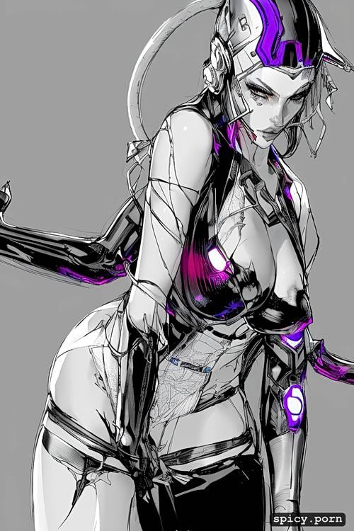 she is shown from multiple angles, cat woman in a cyberpunk dystopian land with her chest peeking out of ragged and torn clothes