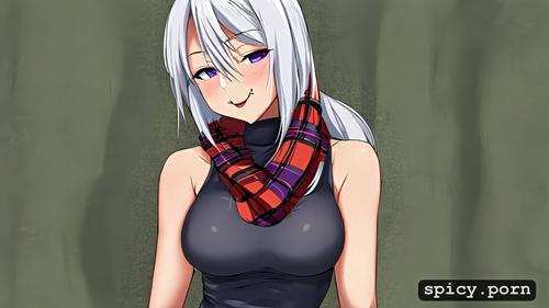 style anime, 18 yo, detailed, pretty naked female, white hair