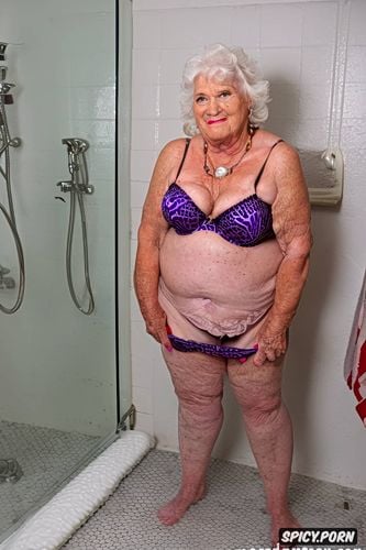 classy conservative irish american ninety something granny with a kinky side she is wearing zebra print lingerie and slide mules she is standing in bathroom showing off for young neighbor ssbbw granny big ass beautiful face looking at viewer intense eye contact