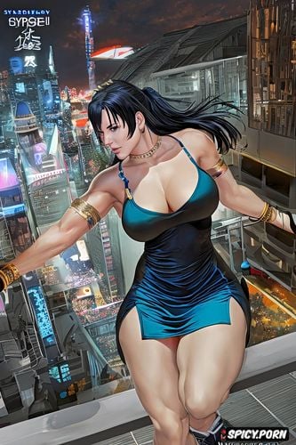 mature woman, silk, yelling, street fighter, blue dress, white sneakers