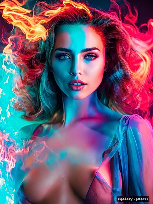fiery woman with fire smoke around her, cinematic shot, the style of light blue and pink