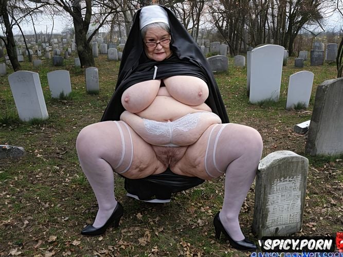 grave with headstone in a cemetery, nun dressed, fat legs, cellulite