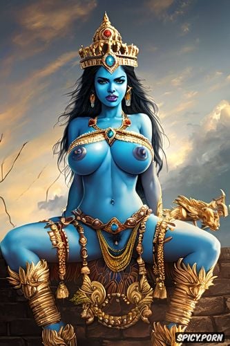 blue skin, big boobs, crown on head, hindu, angry face, maythology