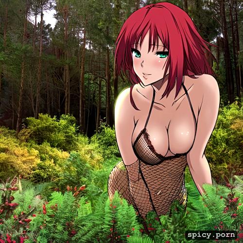 forest, seductive, fishnet, curvy body, natural breasts, red hair