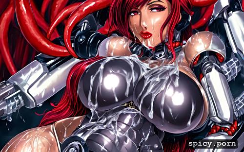 40 years old, curvy body, robotic, wet, black and red hair, tentacles
