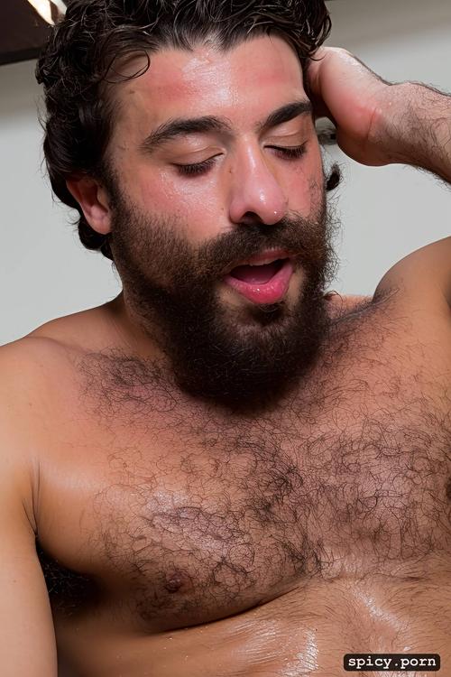 arms up, sweat body sweat wet, macho, italian, guy, he is sitting on a chair