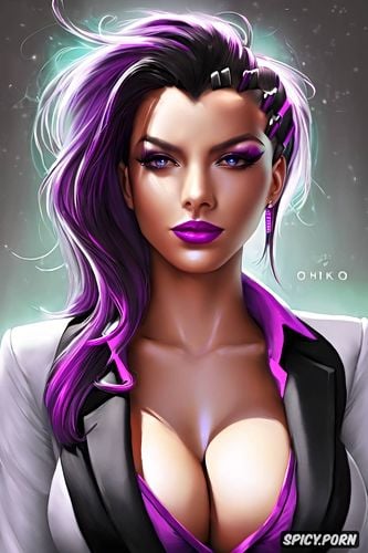 sombra overwatch milf full lips black blazer white shirt shirt unbuttoned beautiful face