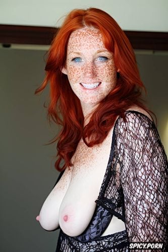 red hair, playful seductive smile, best quality, natural breasts