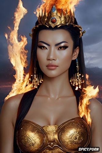 artstation, flame crown, face shot, black hair in an intricate updo