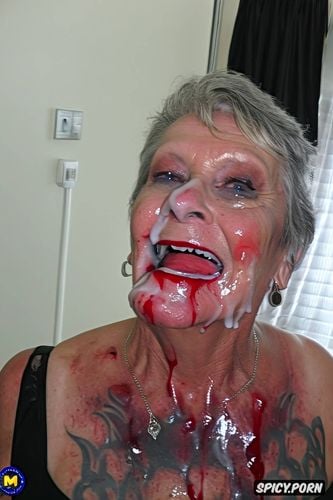 demonic facial expression, blowjob, old zombie grandmother and old zombie aunt