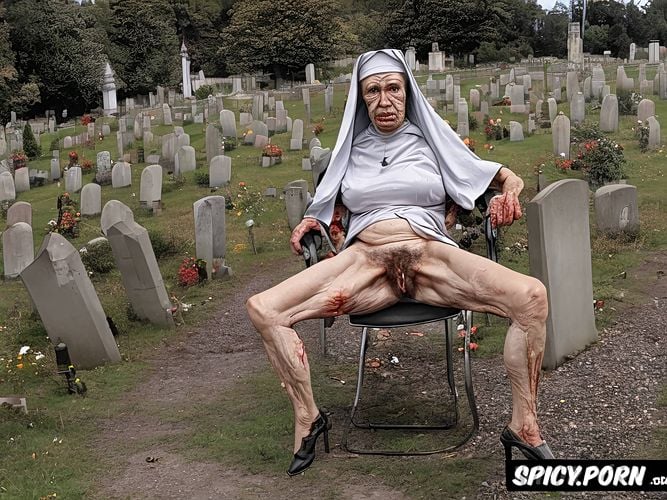 catholic nun, pale, very old granny, cemetery, spreading cellulite legs