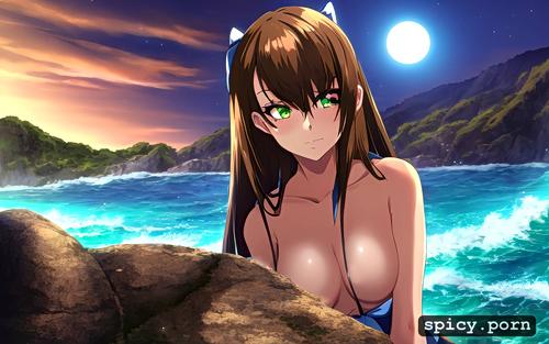 beautiful brown hair woman, one eye green, one eye brown, standing scantily clad with bow in moonlight
