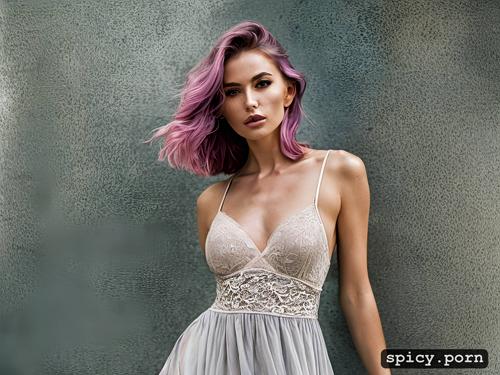 woman, cinematic look, translucent dress, pink hair, natural skin texture