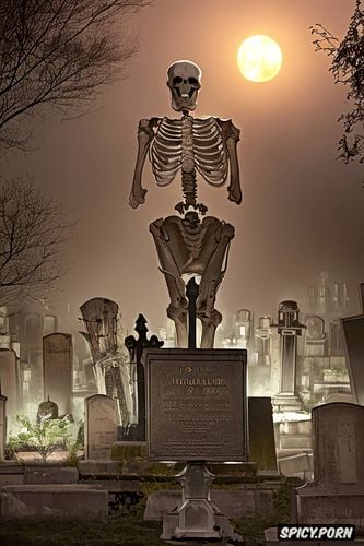 foggy, some meters away, graveyard at night, moonlight, scary glowing walking human skeleton