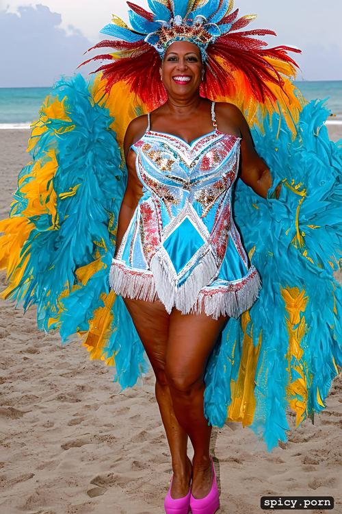 giant hanging tits, high heels, long hair, color portrait, 63 yo beautiful white caribbean carnival dancer
