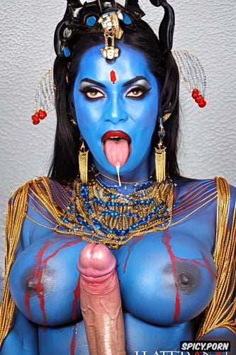 mukut on head, generate a dramatic scene of beautiful goddess kali holding her futanari penis