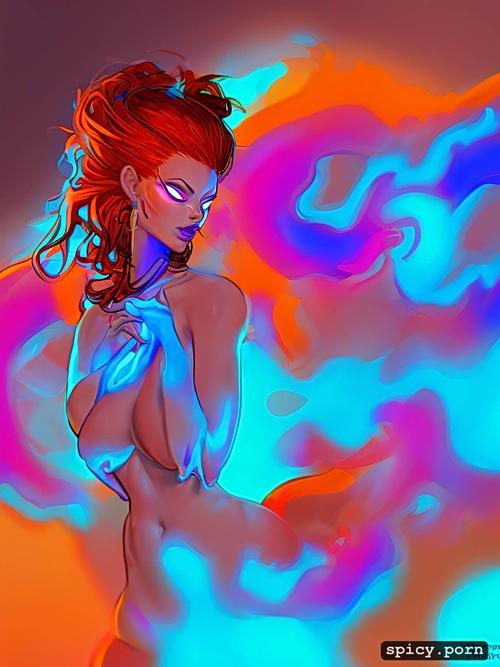 volumetric lighting, vibrant colorism, nude, busty, fiery woman with fire smoke around her