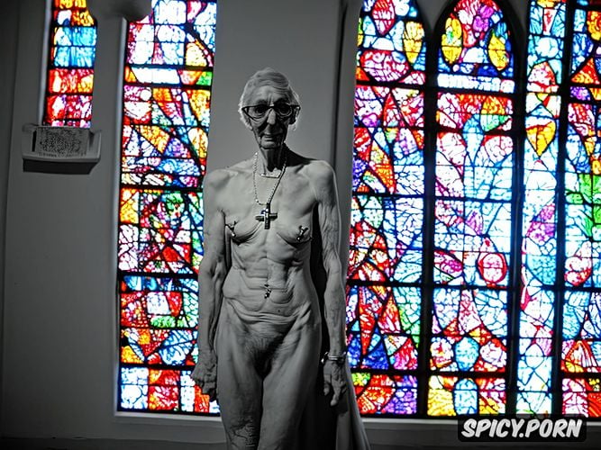 pierced nipples, gray pussy, glasses, stained glass windows