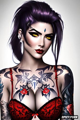 k shot on canon dslr, ultra realistic, widowmaker overwatch beautiful face young tattoos small perky tits elegant low cut red lace lingerie masterpiece