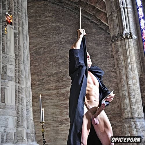 bald, cathedral, man holding his penis, old man with hard veiny erected penis showing